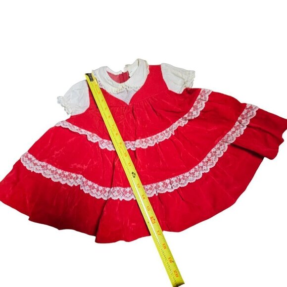 VTG Sears Winnie the Pooh Rayon Tiered Ruffle Lace Dress Party Velvet Red Size L - Picture 8 of 9